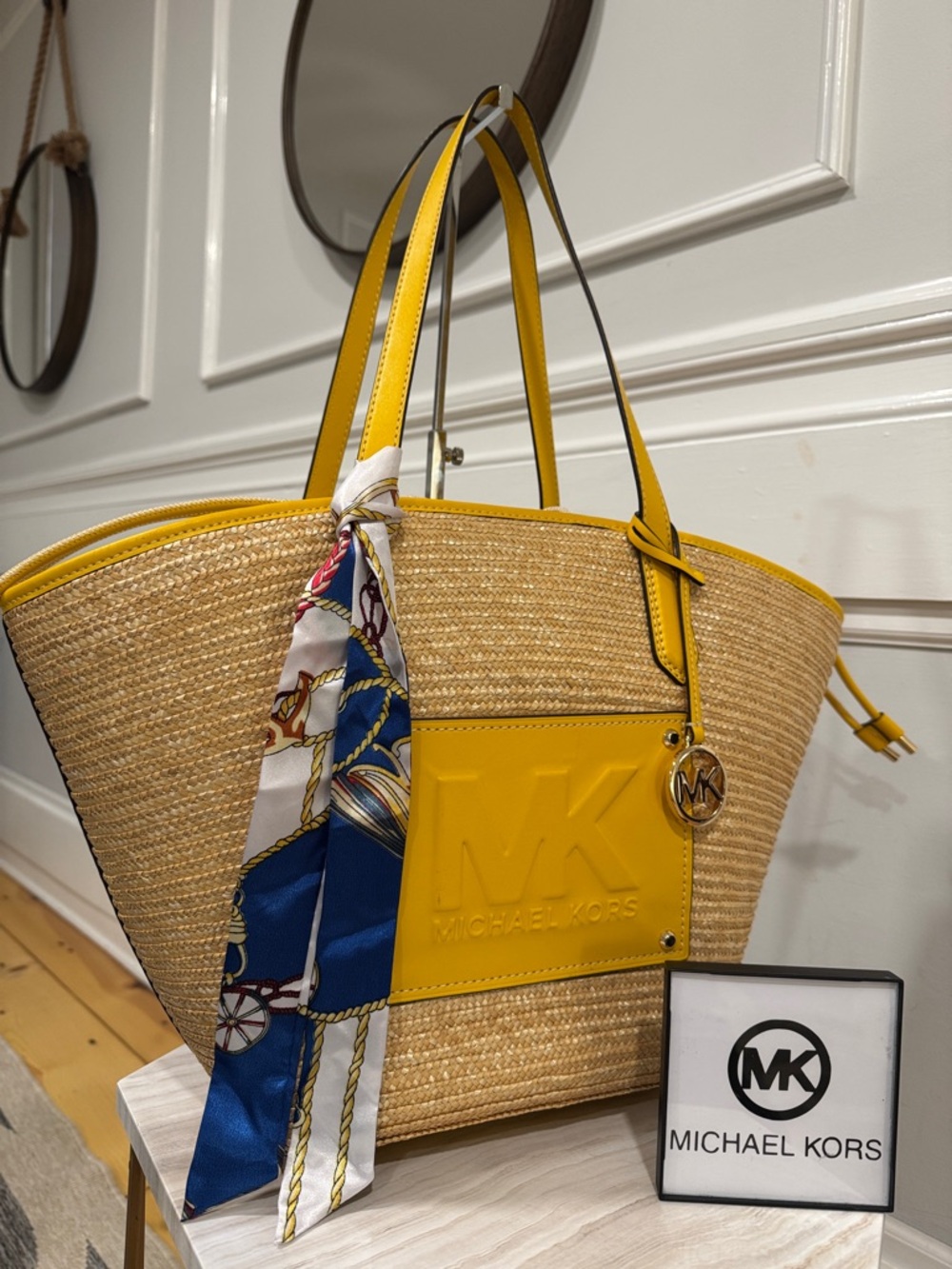 Michael Kors Bag Kimber Large Yellow Leather Straw Tote Beach Bag